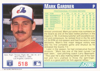 1991 Score #518 Mark Gardner Back