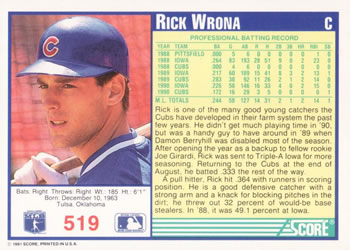 1991 Score #519 Rick Wrona Back