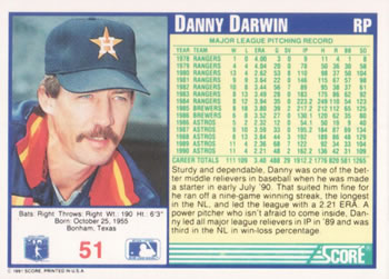 1991 Score #51 Danny Darwin Back