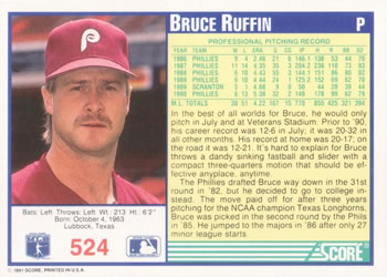 1991 Score #524 Bruce Ruffin Back