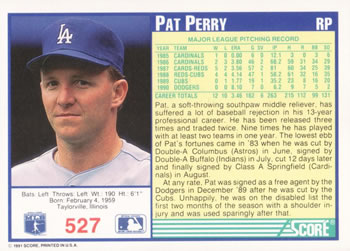 1991 Score #527 Pat Perry Back