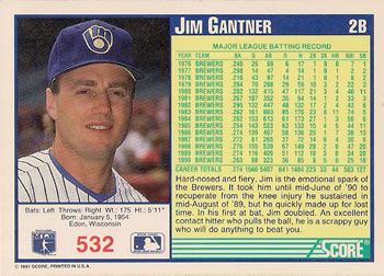 1991 Score #532 Jim Gantner Back
