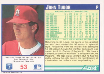 1991 Score #53 John Tudor Back