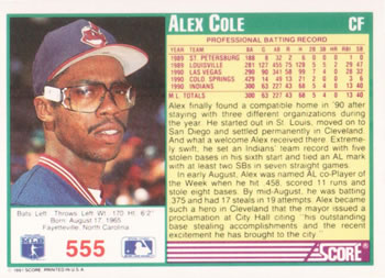1991 Score #555 Alex Cole Back