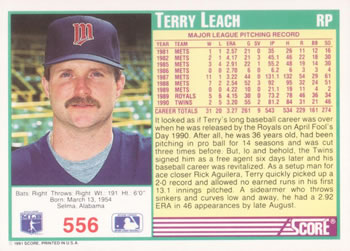 1991 Score #556 Terry Leach Back