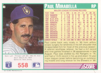 1991 Score #558 Paul Mirabella Back