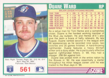 1991 Score #561 Duane Ward Back