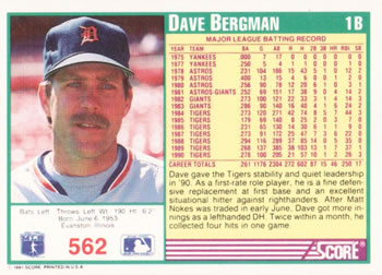 1991 Score #562 Dave Bergman Back