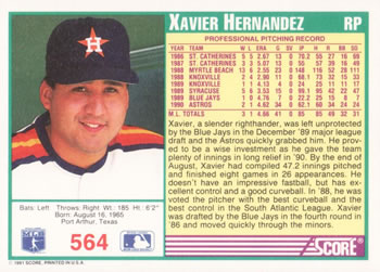1991 Score #564 Xavier Hernandez Back