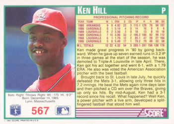 1991 Score #567 Ken Hill Back