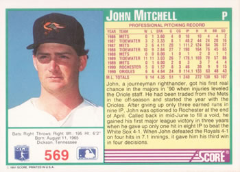 1991 Score #569 John Mitchell Back