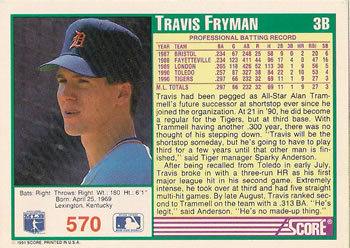 1991 Score #570 Travis Fryman Back