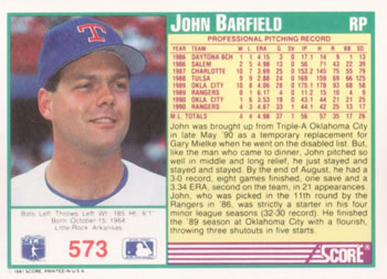 1991 Score #573 John Barfield Back