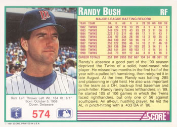 1991 Score #574 Randy Bush Back