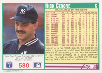 1991 Score #580 Rick Cerone Back