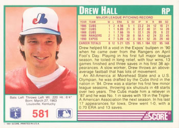 1991 Score #581 Drew Hall Back