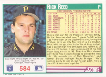 1991 Score #584 Rick Reed Back