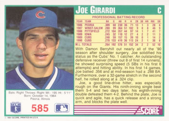 1991 Score #585 Joe Girardi Back