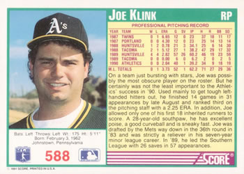 1991 Score #588 Joe Klink Back