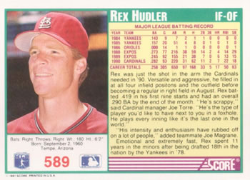 1991 Score #589 Rex Hudler Back