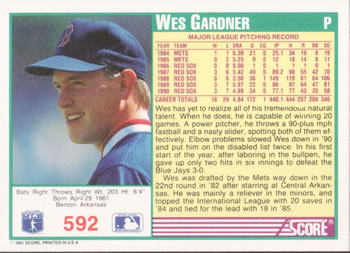 1991 Score #592 Wes Gardner Back