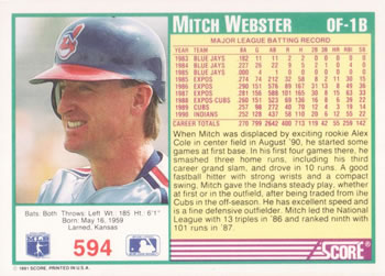1991 Score #594 Mitch Webster Back