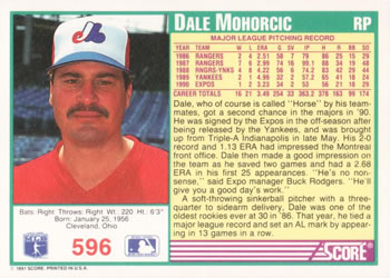 1991 Score #596 Dale Mohorcic Back