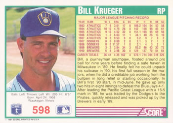1991 Score #598 Bill Krueger Back