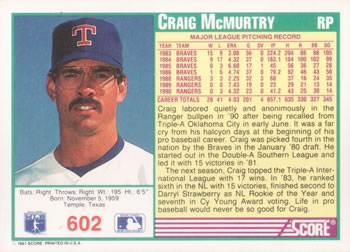 1991 Score #602 Craig McMurtry Back