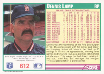 1991 Score #612 Dennis Lamp Back