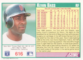 1991 Score #616 Kevin Bass Back