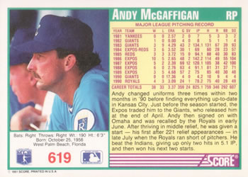 1991 Score #619 Andy McGaffigan Back