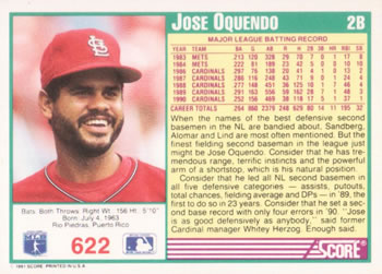 1991 Score #622 Jose Oquendo Back