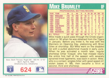 1991 Score #624 Mike Brumley Back