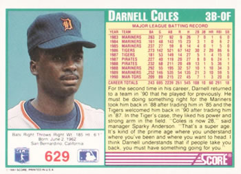 1991 Score #629 Darnell Coles Back