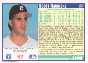 1991 Score #62 Scott Radinsky Back