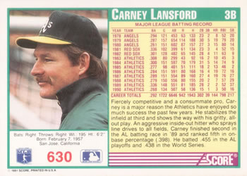 1991 Score #630 Carney Lansford Back