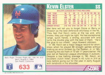 1991 Score #633 Kevin Elster Back
