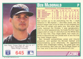 1991 Score #645 Ben McDonald Back