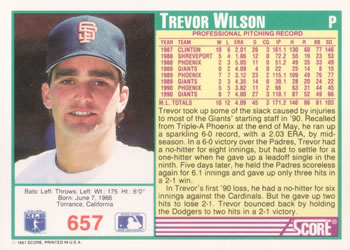 1991 Score #657 Trevor Wilson Back