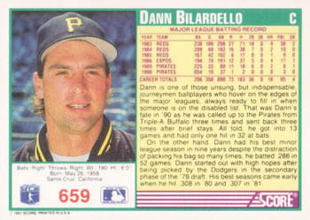 1991 Score #659 Dann Bilardello Back