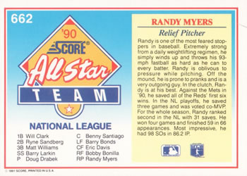 1991 Score #662 Randy Myers Back