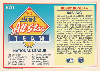 1991 Score #670 Bobby Bonilla Back