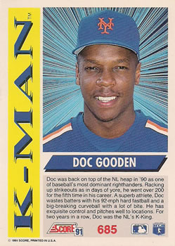 1991 Score #685 Doc Gooden Back