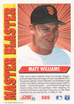 1991 Score #689 Matt Williams Back