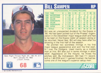 1991 Score #68 Bill Sampen Back