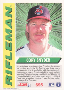 1991 Score #695 Cory Snyder Back