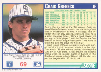 1991 Score #69 Craig Grebeck Back