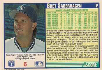 1991 Score #6 Bret Saberhagen Back