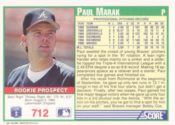 1991 Score #712 Paul Marak Back